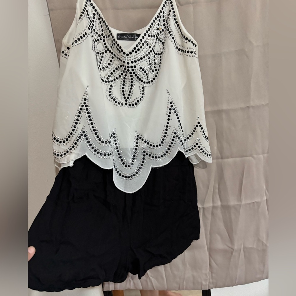 Crystal Doll White Romper with Black and Silver Accents